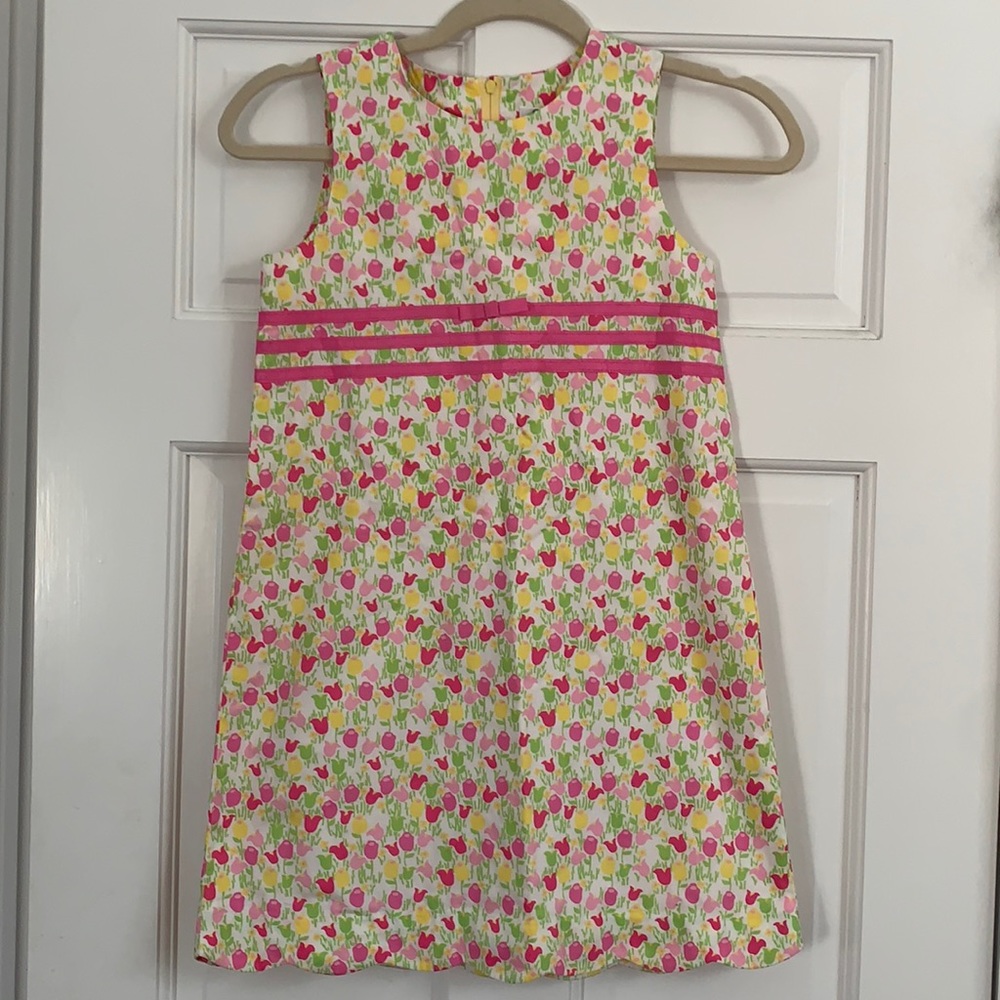 Lilly Pulitzer floral dress. Size 8. Pink ribbon detail. So cute!!